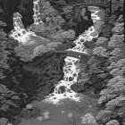 Monochromatic image of cascading waterfalls in rocky canyon