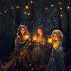 Golden flowers and tendrils on a starry background - Magical botanical night scene