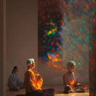 Elderly individuals sitting in colorful light from stained glass