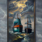 Surreal painting: Ship at sea in storm spills into real-world scene