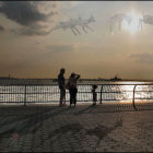 Snowy waterfront with flying birds, lone tree, and city skyline at sunset