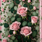 Ornate green leaf and pink rose patterned curtain on a door