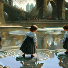 Three identical girls in blue dresses standing in water with mystical city and bridge in background.