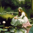 Tranquil woman in blue dress on lily pad in serene pond