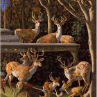 Illustration of stylized deer in enchanted forest with autumnal atmosphere