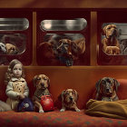 Animated children and dogs in train carriage with streaming light.