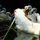 Graceful swans with intricate feathers in serene water with reeds.