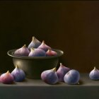 Ripe figs in a still life painting with beige bowl