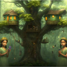 Detailed whimsical tree illustration with intricate houses, staircases, lanterns, figures in green dresses,