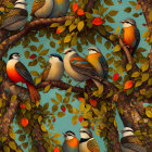 Vibrant blue jay birds on branches with orange and white flowers in leafy setting