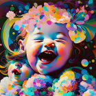 Colorful Illustration: Laughing Baby with Floral Adornment