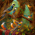 Colorful Stylized Birds on Autumn Branches with Berries and Leaves