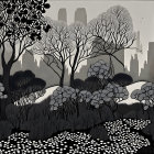 Illustration of trees and city skyline in earth tones with dots