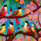 Colorful Birds and Pink Flowers on Tree Branches in Teal Background