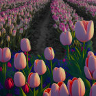 Tulip field with rows of flowers and trees against cloudy sky