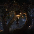 Young girl in forest with lantern and fairy illuminated by fireflies