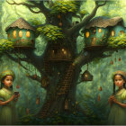 Colorful birdhouse lanterns and twin girls playing horns in whimsical tree illustration