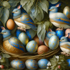 Intricate blue bird illustration in nest with ornate eggs and foliage