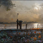 Twilight scene with tree, birds, full moon, river, picnic baskets, and flowers