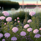 Tranquil landscape with pink tulips, dandelions, river, and pink sky