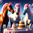 Colorful cartoon horses by table with cakes on beach with candy-striped lighthouse