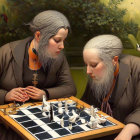 Elderly women in traditional attire playing chess outdoors