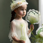 Young girl in vintage dress with flowers in her hair gazes at white flowers on floral backdrop