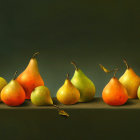 Five stylized pears in various sizes and tones on dark shelf with sliced one, against teal background