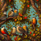 Colorful Illustration: Seven Birds on Branches with Leaves and Berries