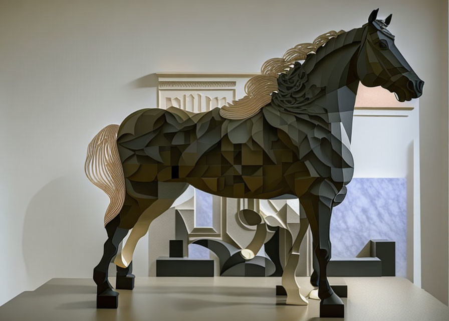 Modern Brown Layered Horse Sculpture in Classical Room