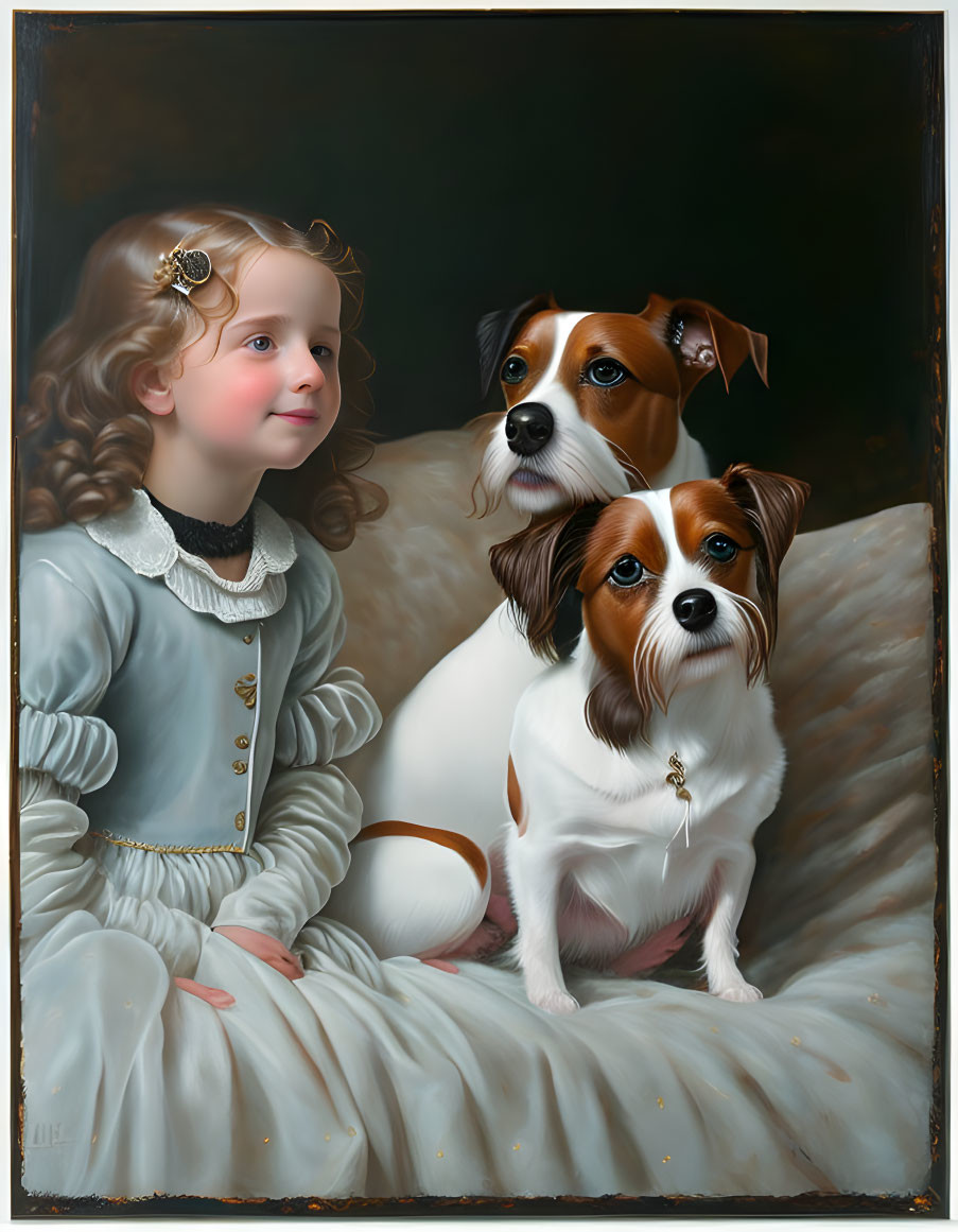 Young girl in vintage blue dress with Jack Russell Terriers on cushion.