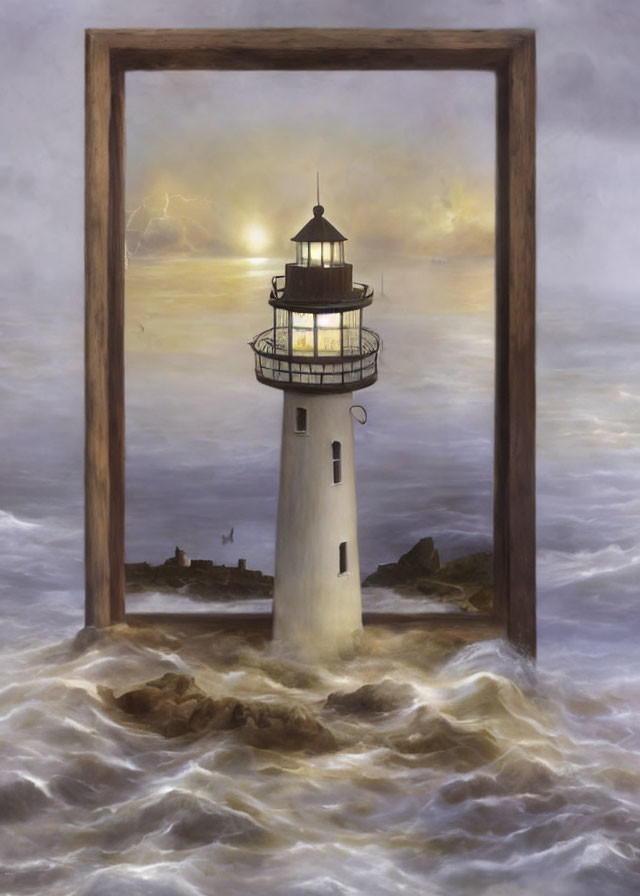 Surreal painting: lighthouse, turbulent sea, golden-lit sky