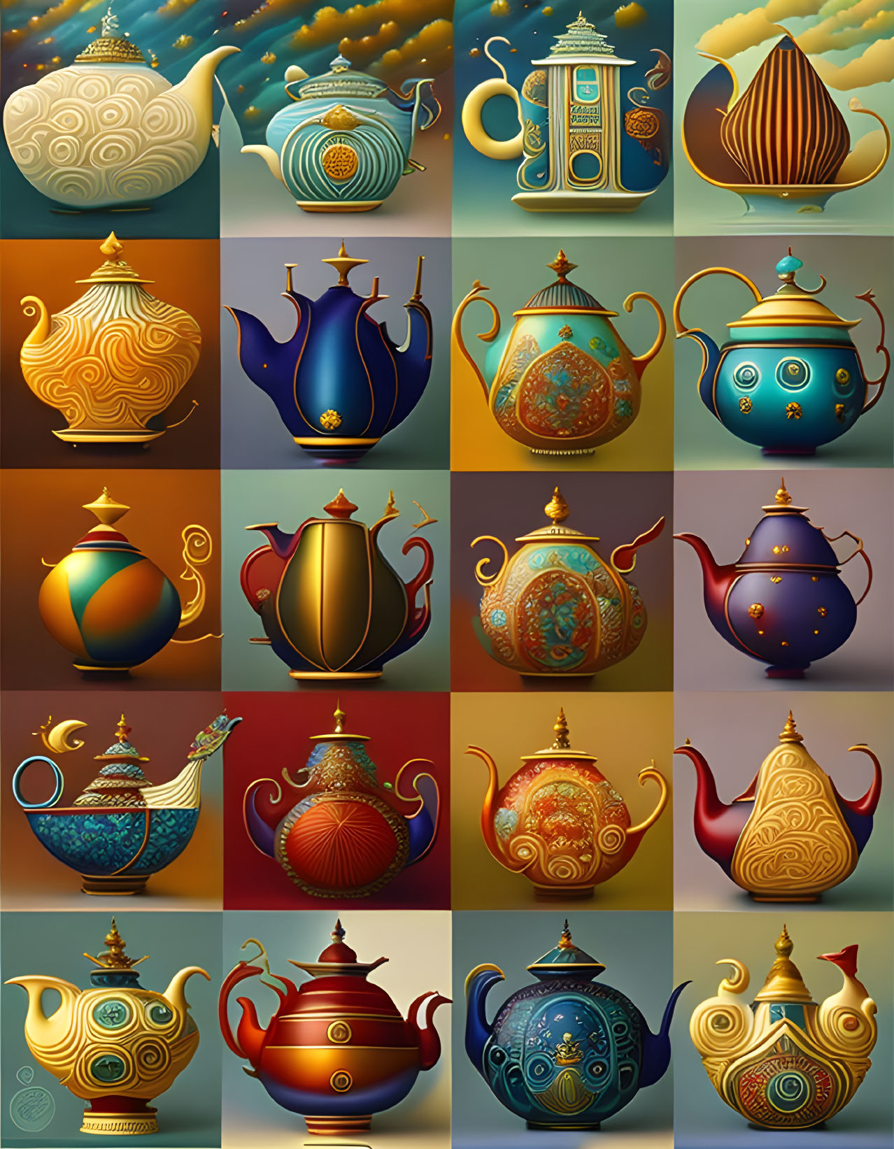 20 Stylized Teapots with Intricate Designs on Celestial Backdrops