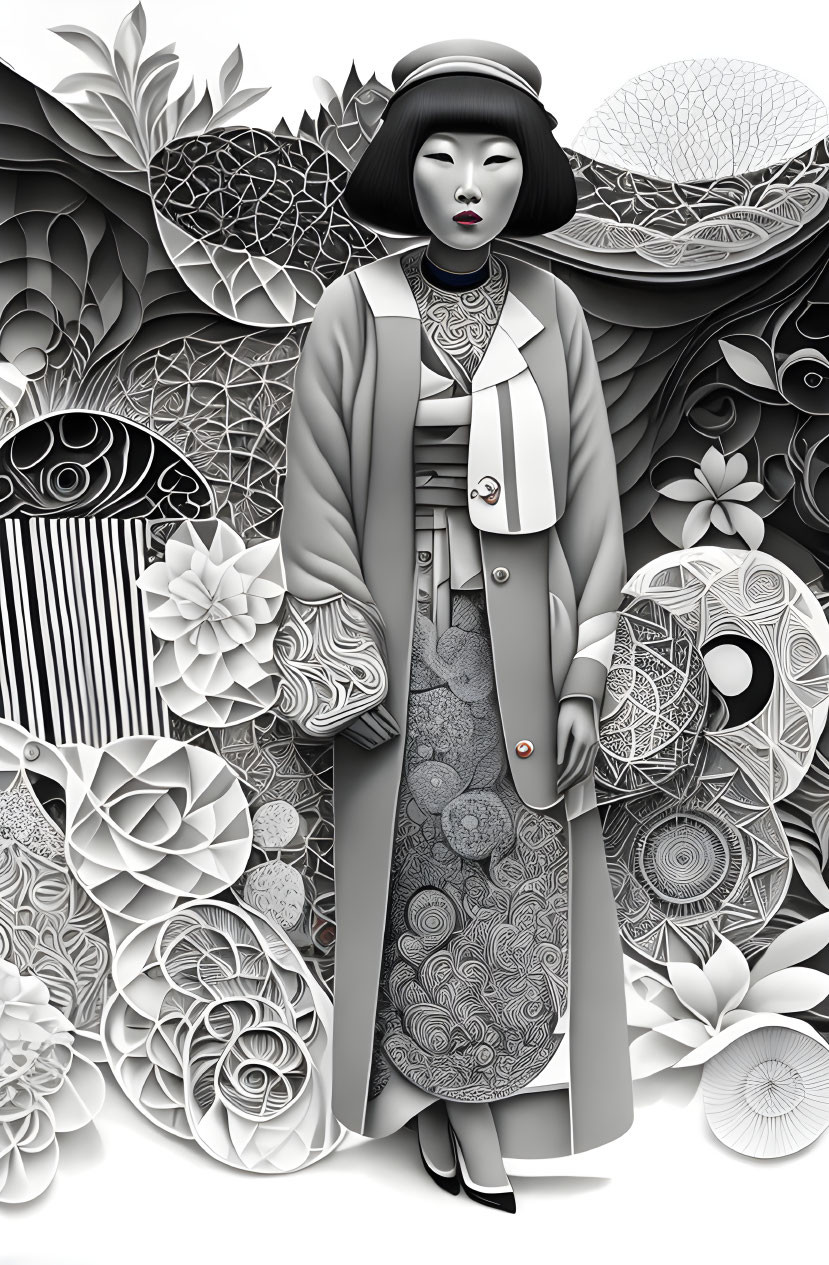 Stylized woman in hat and coat with floral and geometric patterns.