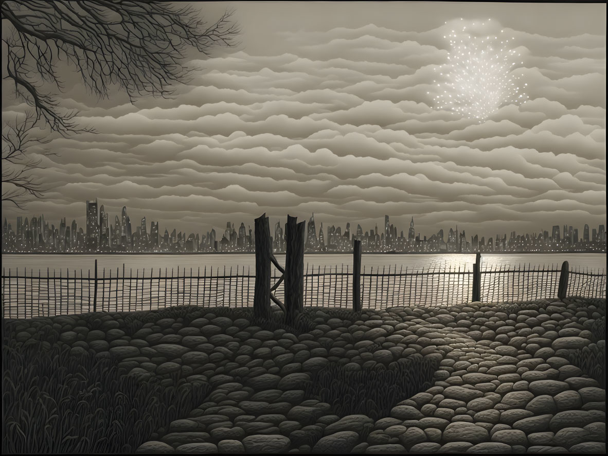 Monochrome riverside scene with cobblestone path, fence, tree, and city skyline under cloudy