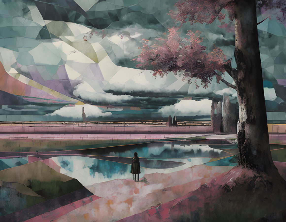 Reflective pond, surreal landscape with cherry blossom tree, geometric sky, and distant towers