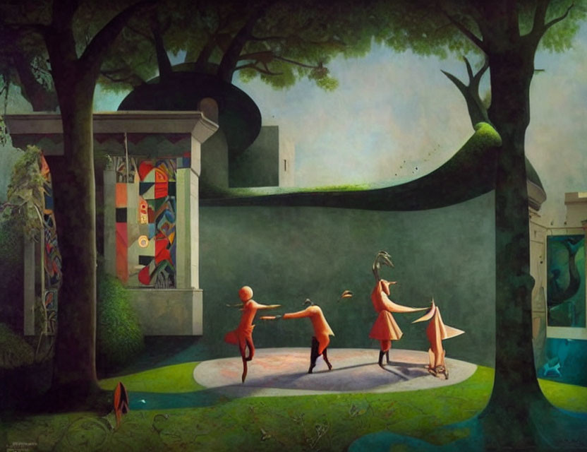 Surrealist painting of three figures dancing in forest clearing