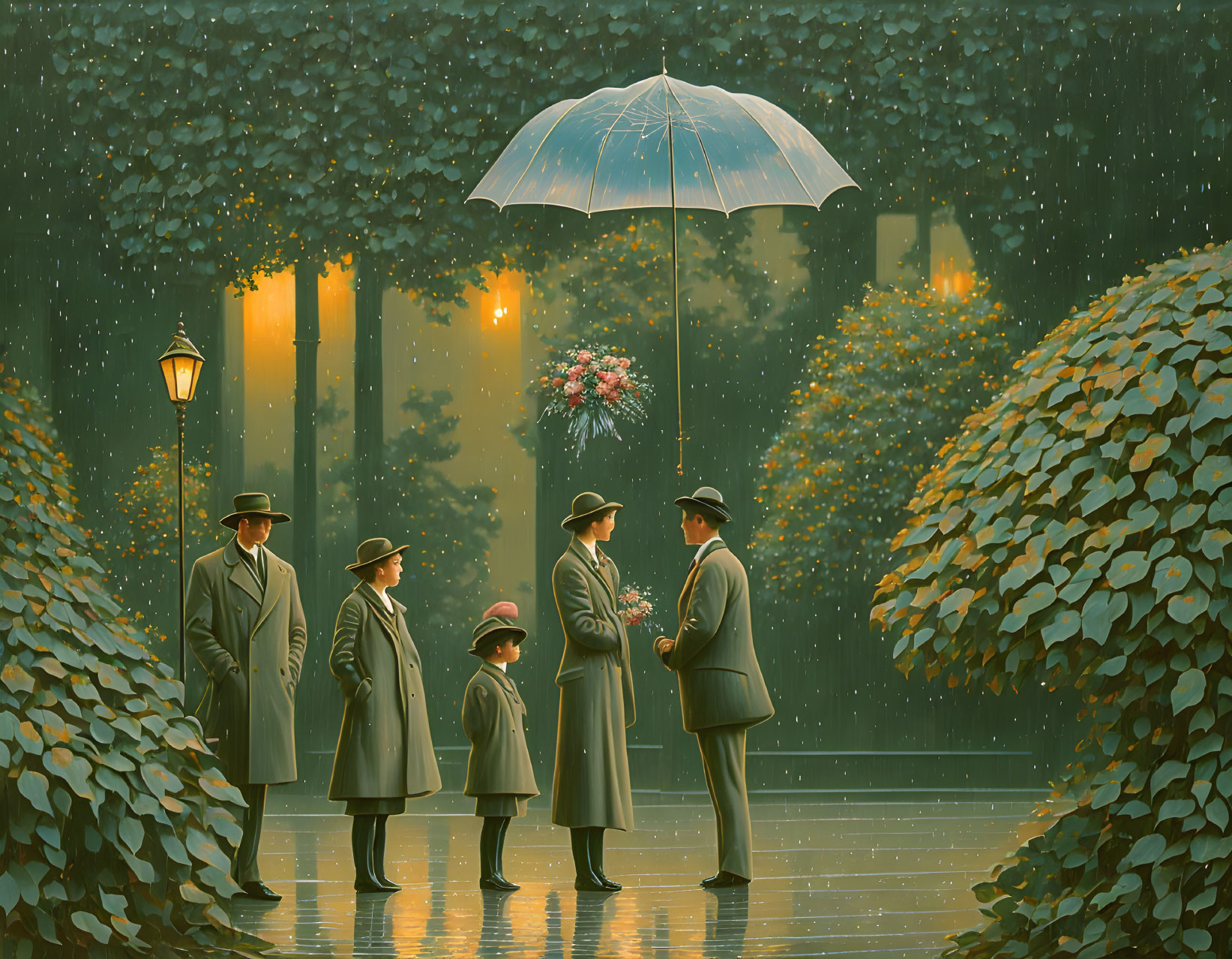 Vintage-style illustration of a family under umbrella in falling leaves