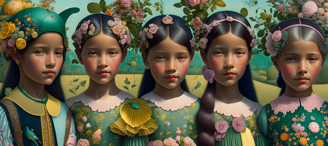 Four Girls in Floral Headpieces and Vintage Green Dresses Against Renaissance-style Background