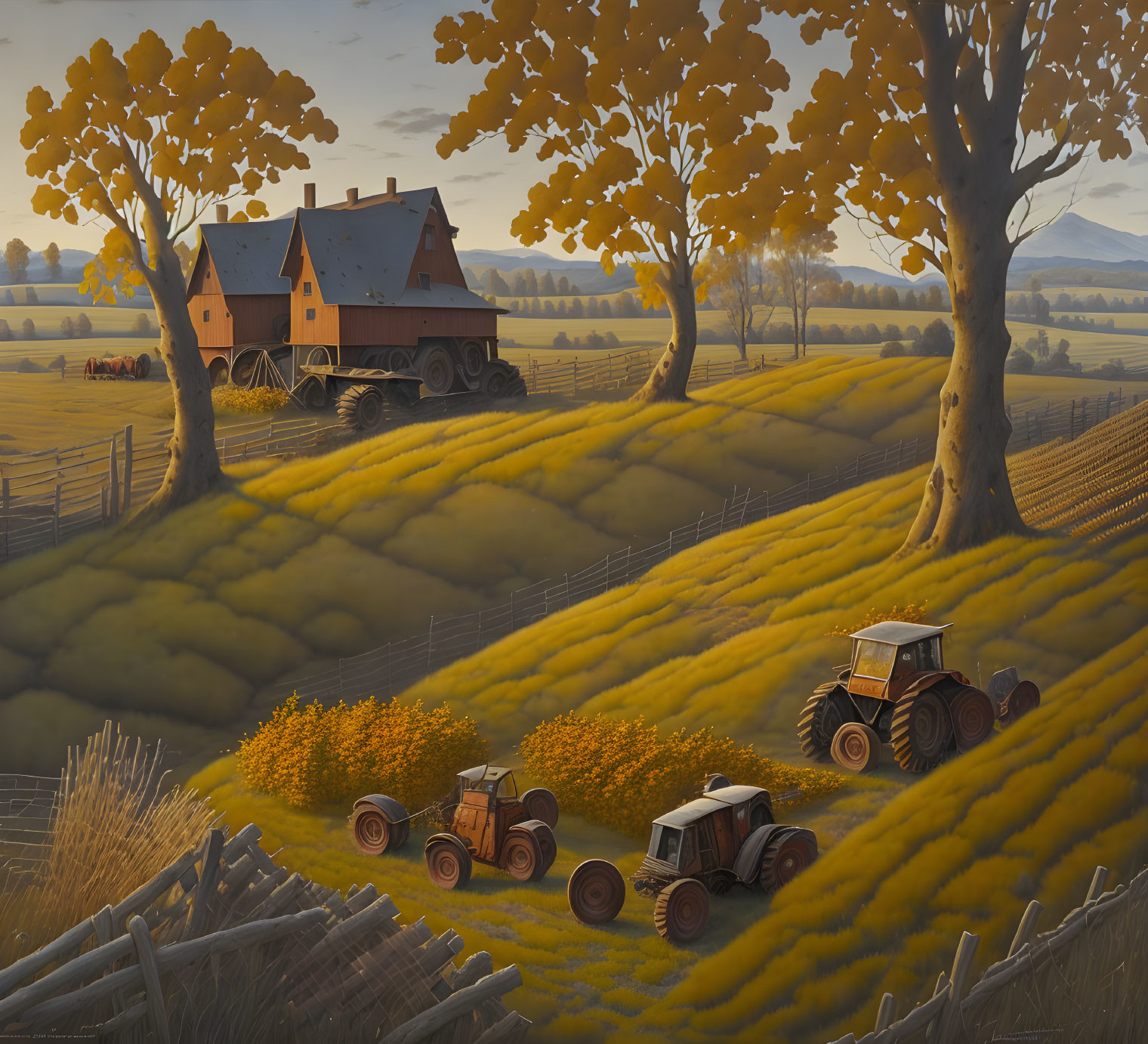 Rural autumn scene: golden fields, tractors, barn, horse-drawn carriage