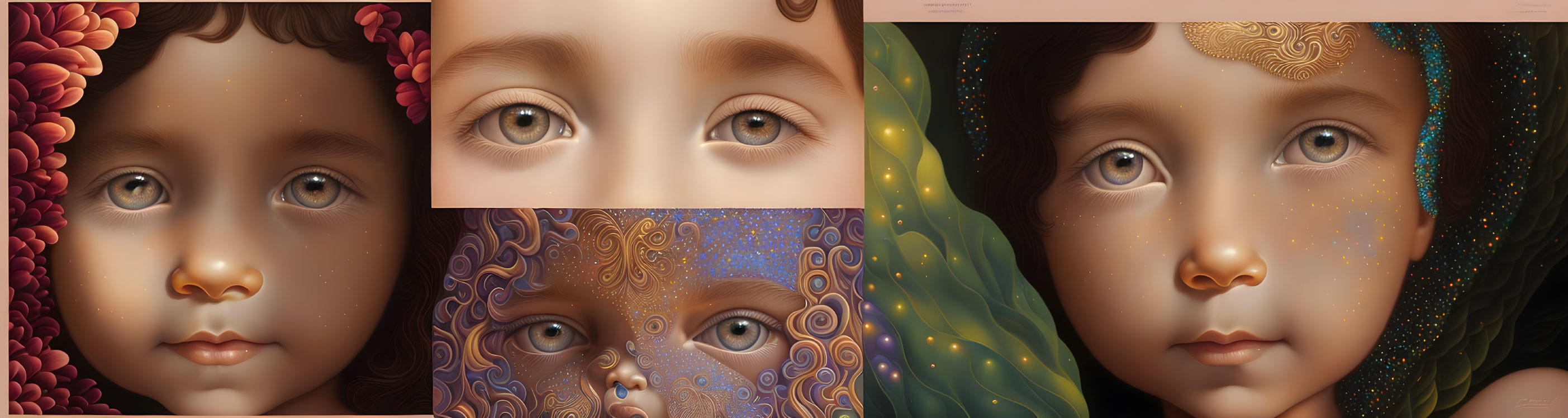 Artistic representations of child's face with cosmic-themed mask.