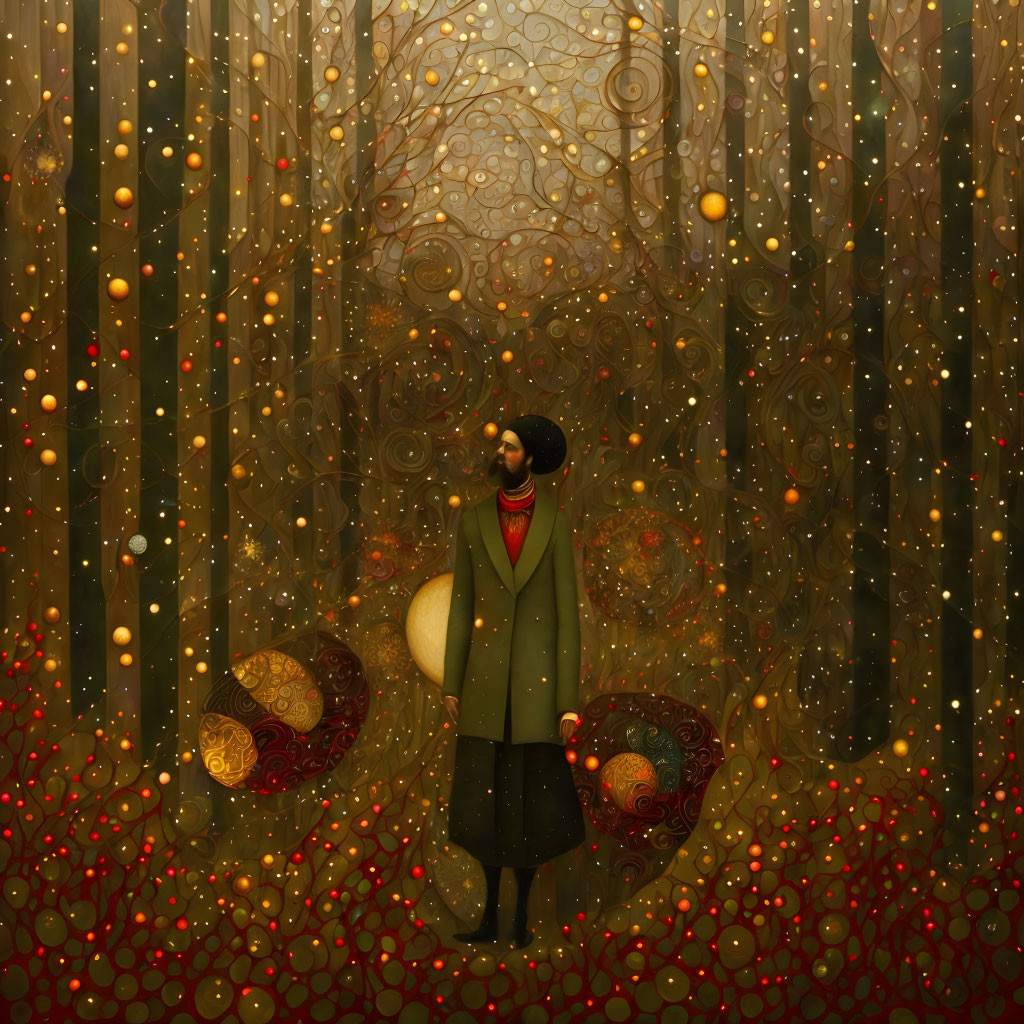 Man in coat and hat in mystical forest with swirling patterns and floating orbs