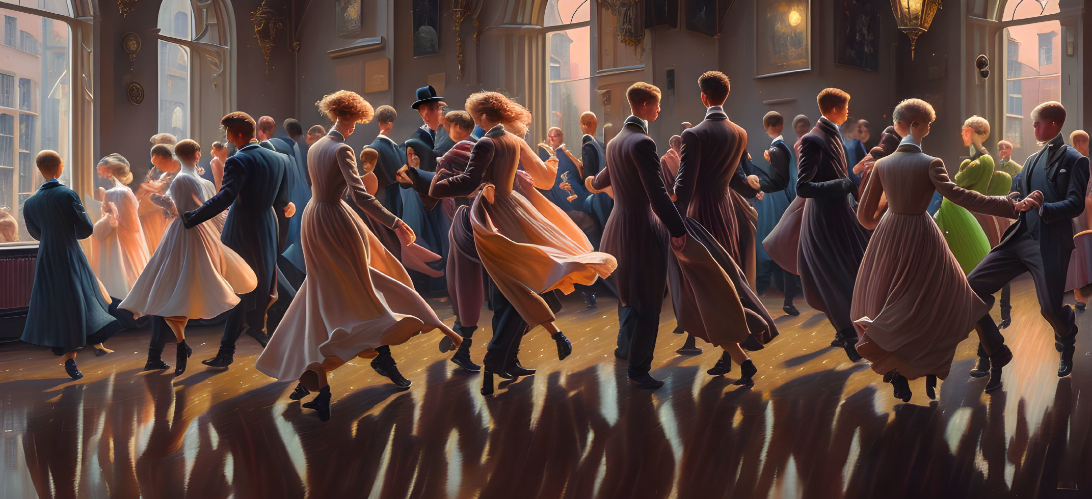 Vintage-inspired ballroom dance scene with couples in elegant attire under warm sunlight.