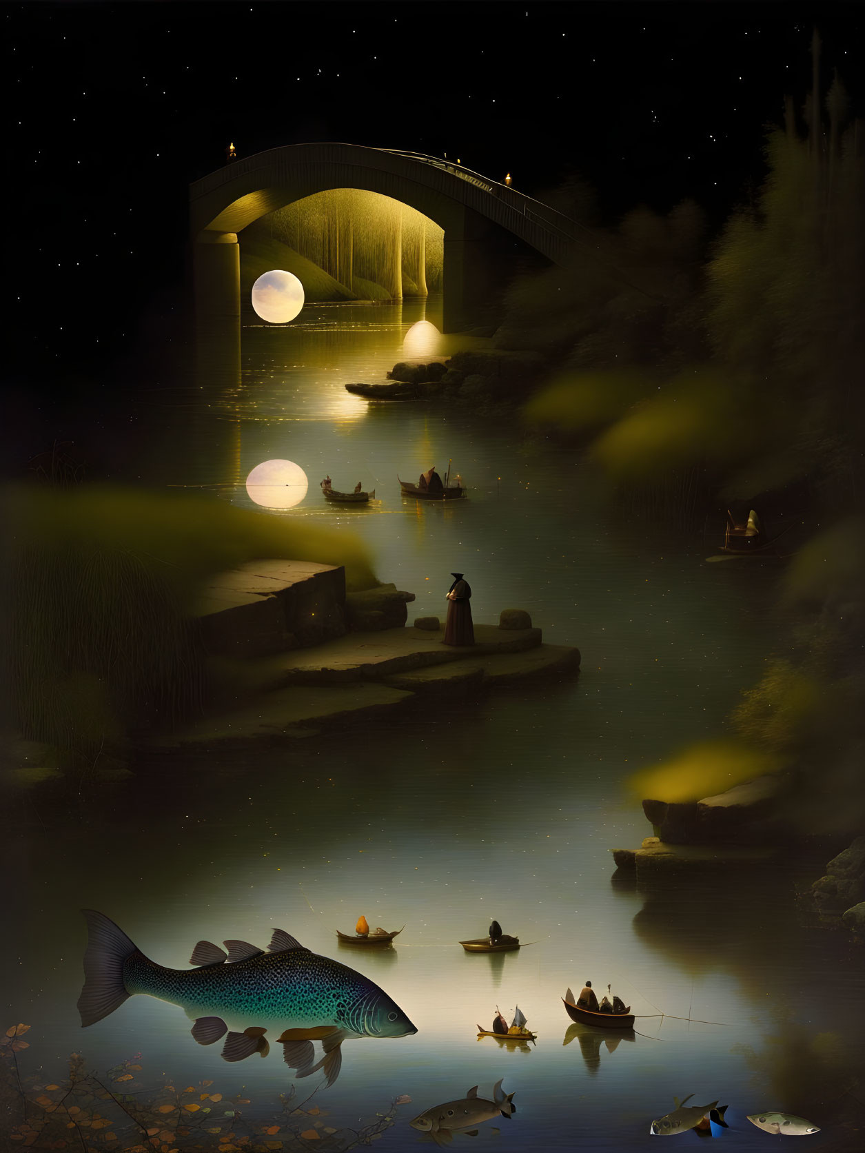 Tranquil night river scene with boats, moon, bridge, stars, and fish.