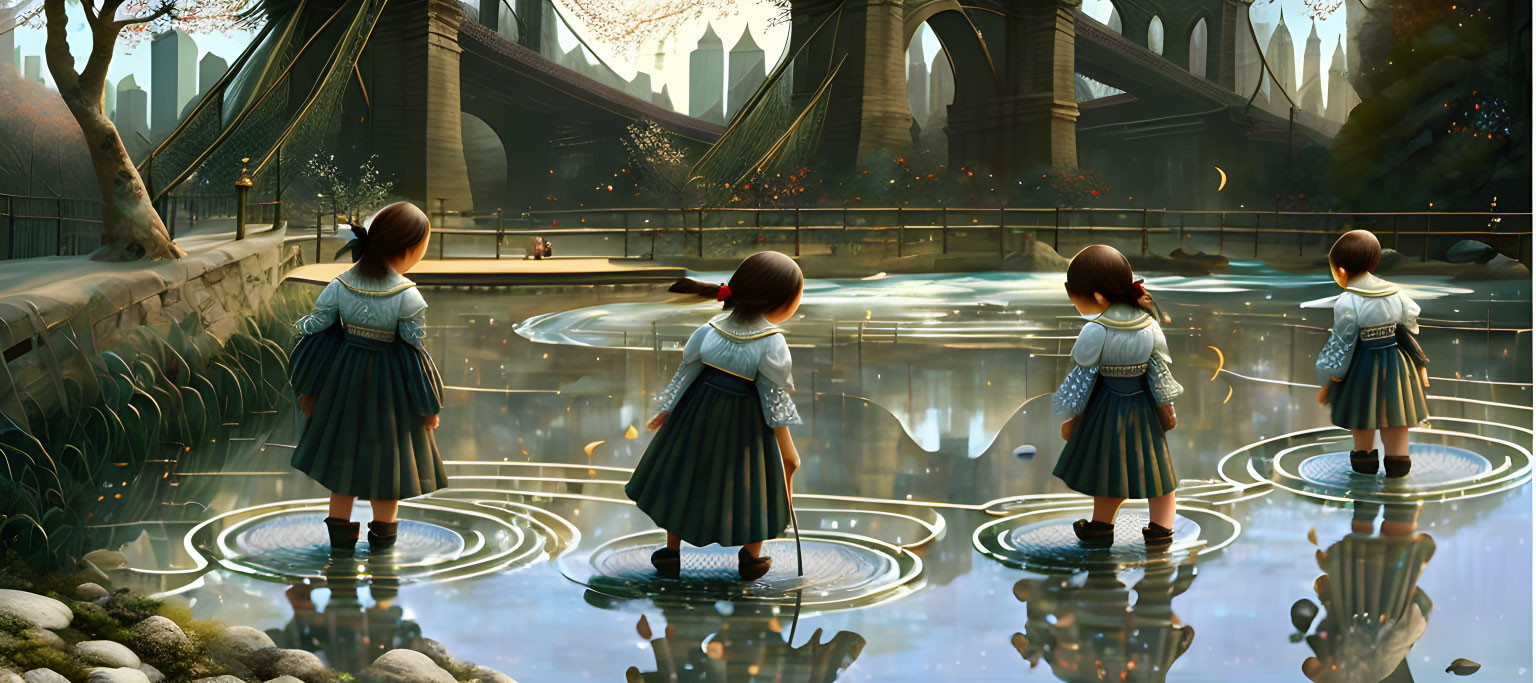 Three identical girls in blue dresses standing in water with mystical city and bridge in background.