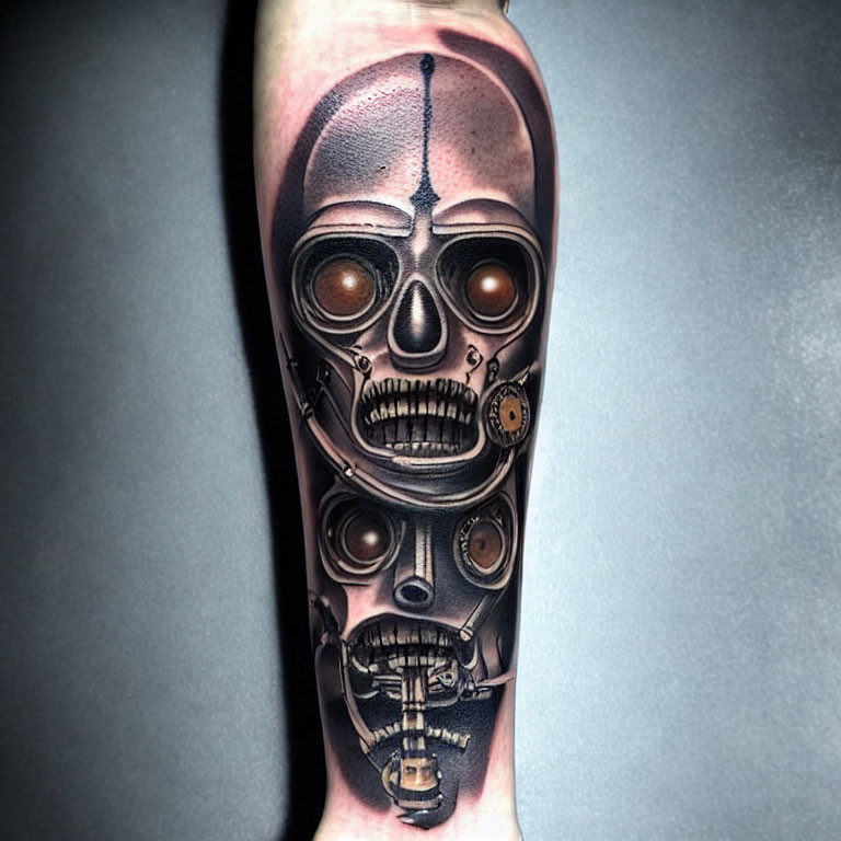 Detailed Greyscale Robotic Skull Tattoo on Leg