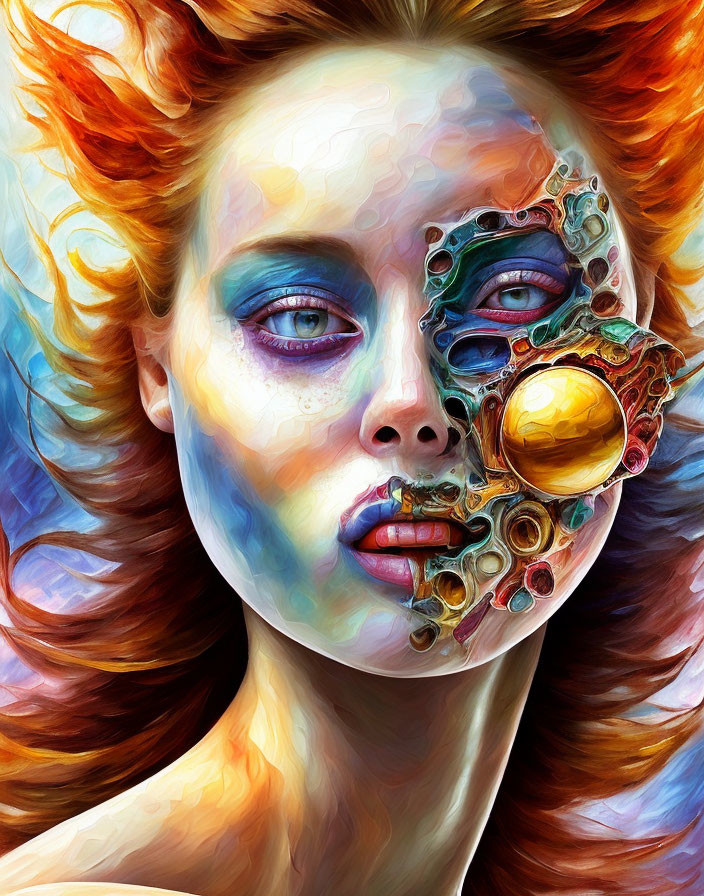 Woman with fiery hair and half-mechanical face in vivid artwork