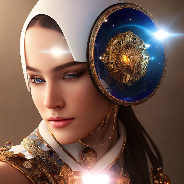 Futuristic woman with glowing cosmic gear headpiece in sunlight