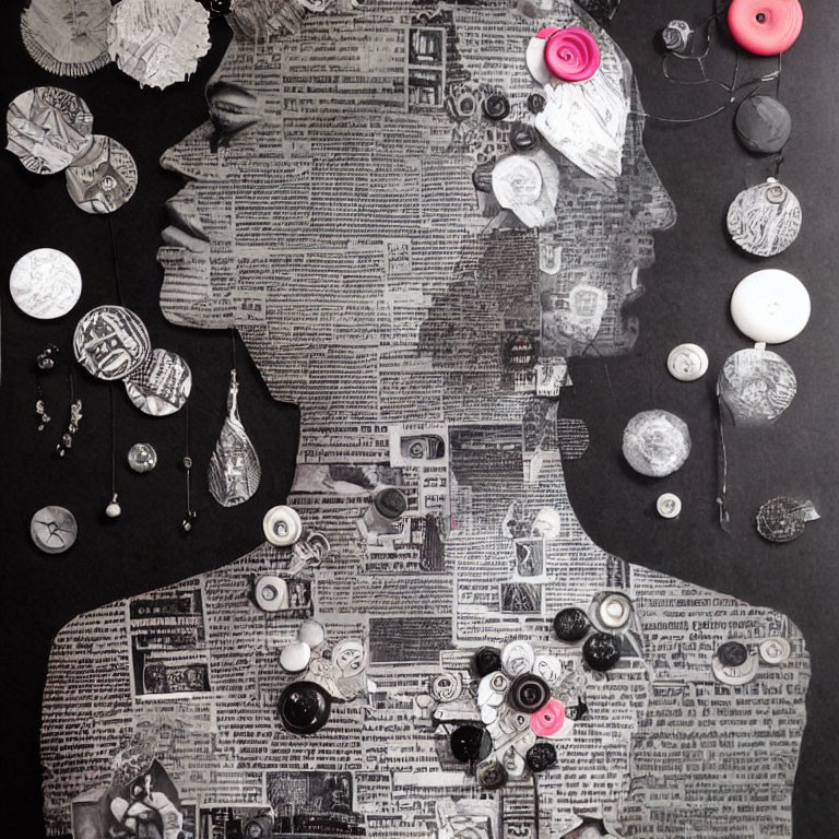 Monochrome collage with faces, newspaper clippings, and buttons