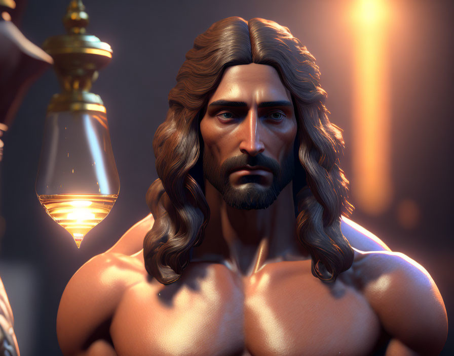 Muscular man with long brown hair in 3D-rendered image